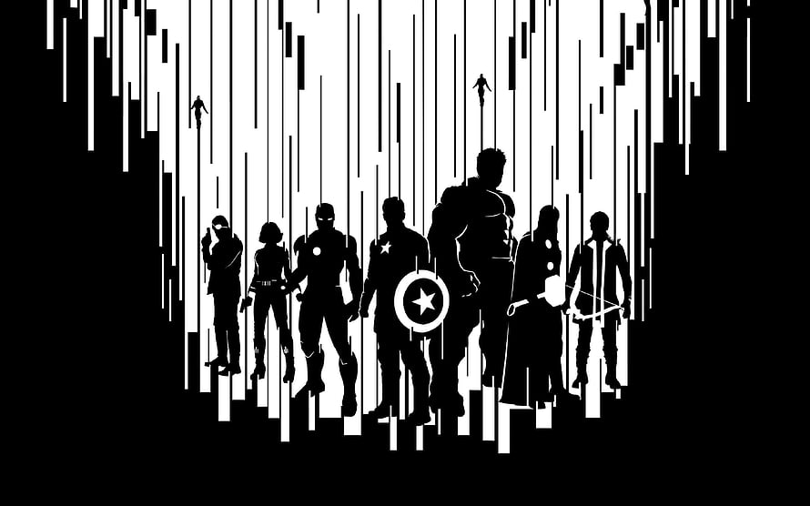 Avengers Team Silhouette With Glitch Effect Black And White HD wallpaper