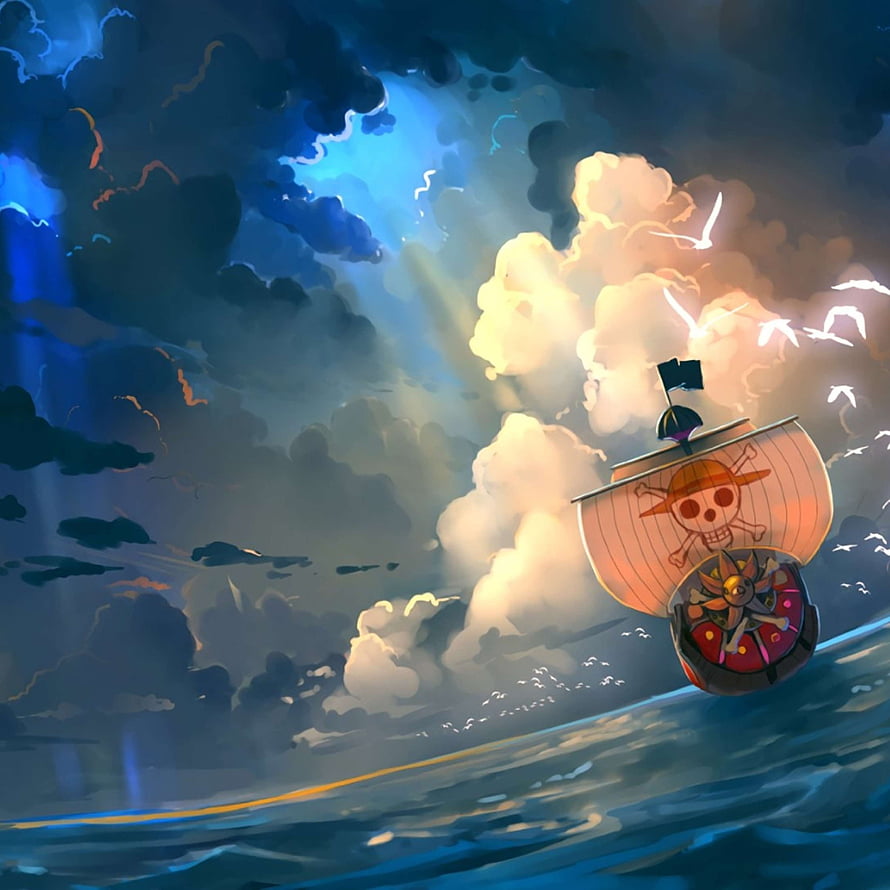 Thousand Sunny Pirate Ship Sailing Through Stormy Ocean at Sunset HD phone wallpaper