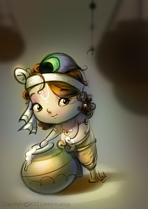 Cute Chibi Krishna Holding a Pot in Soft Digital Illustration Style HD phone wallpaper