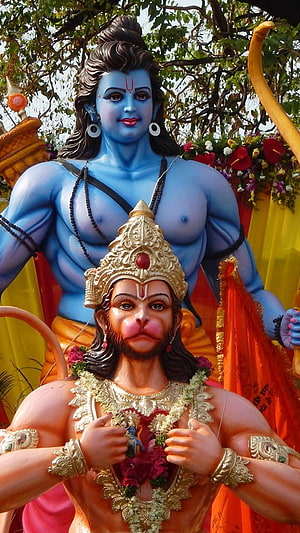 Statue of Lord Hanuman holding baby Krishna with Lord Rama standing behind, Jay Hanuman, Lord Ram HD phone wallpaper