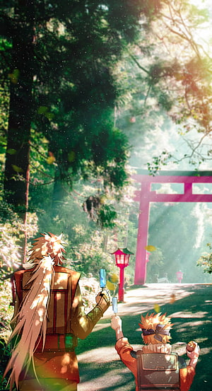Naruto and Boruto Walking Towards Torii Gate in Forest HD phone wallpaper