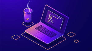 Isometric Java Programming Illustration with Laptop and Coffee Cup HD wallpaper