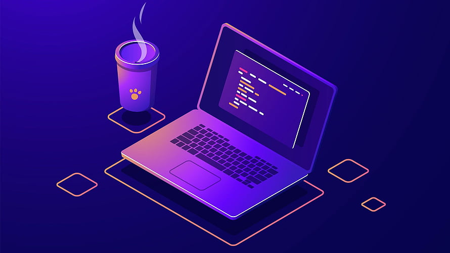 Isometric Java Programming Illustration with Laptop and Coffee Cup HD wallpaper