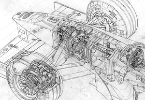 Detailed Pencil Sketch of a Formula One Race Car Chassis and Suspension System HD wallpaper