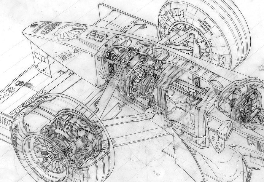 Detailed Pencil Sketch of a Formula One Race Car Chassis and Suspension System HD wallpaper