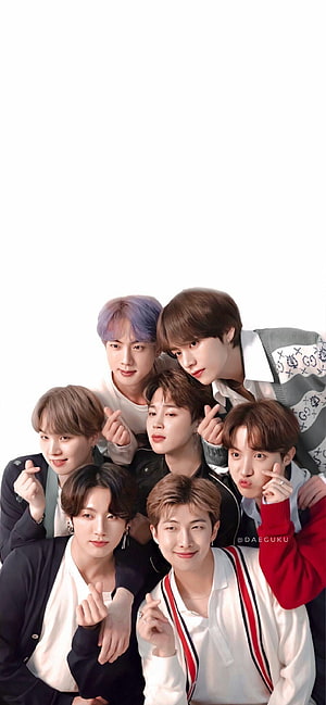 BTS members posing together with finger heart gestures in a group photo HD phone wallpaper