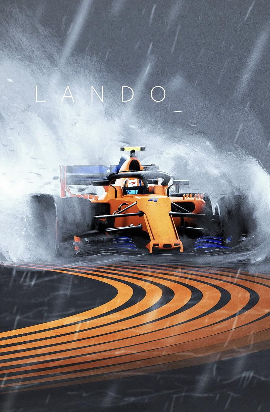 Lando Norris in the orange McLaren Formula 1 car powering through a heavy rainstorm on a wet track HD phone wallpaper