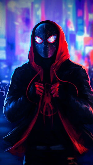 Miles Morales Spider-Man in Hoodie Neon City Background, Spider man, amoled spider man, new spider man HD phone wallpaper