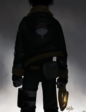 Obito Uchiha Back View in Dark Jacket with Sharingan Emblem and Tactical Gear HD phone wallpaper