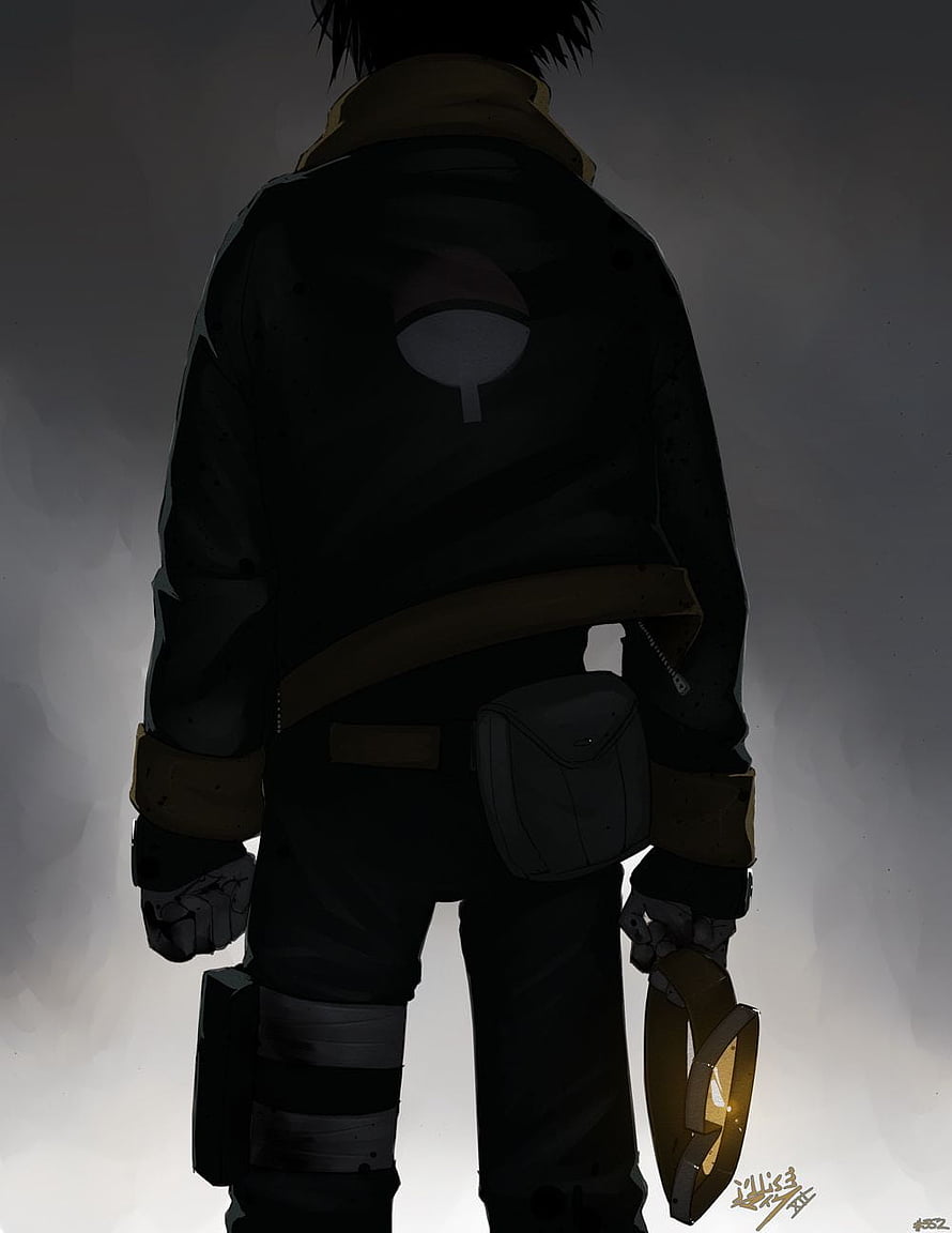 Obito Uchiha Back View in Dark Jacket with Sharingan Emblem and Tactical Gear HD phone wallpaper