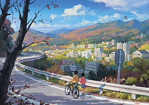 Anime Couple With Bicycle Overlooking Autumn Town And Mountains HD wallpaper