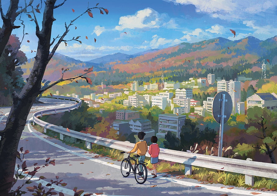 Anime Couple With Bicycle Overlooking Autumn Town And Mountains HD wallpaper