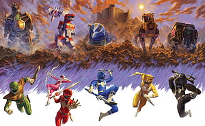 Mighty Morphin Power Rangers and Zords in Dynamic Action Pose on Rocky Terrain HD wallpaper