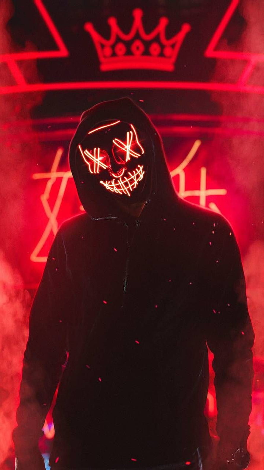 Glowing LED Skull Mask Hoodie in Red Neon Smoke HD phone wallpaper