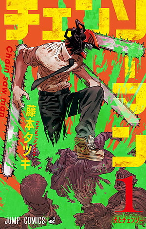 Denji Chainsaw Man Manga Cover Art with Green Splatter and Monster Figures, Denji Gallery, Power Chainsaw Man HD phone wallpaper