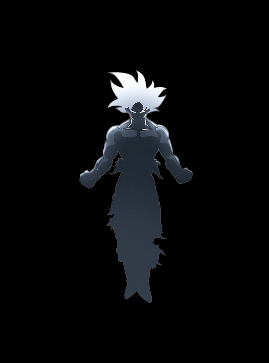 Goku Ultra Instinct Silhouette with White Hair on Black Background HD phone wallpaper