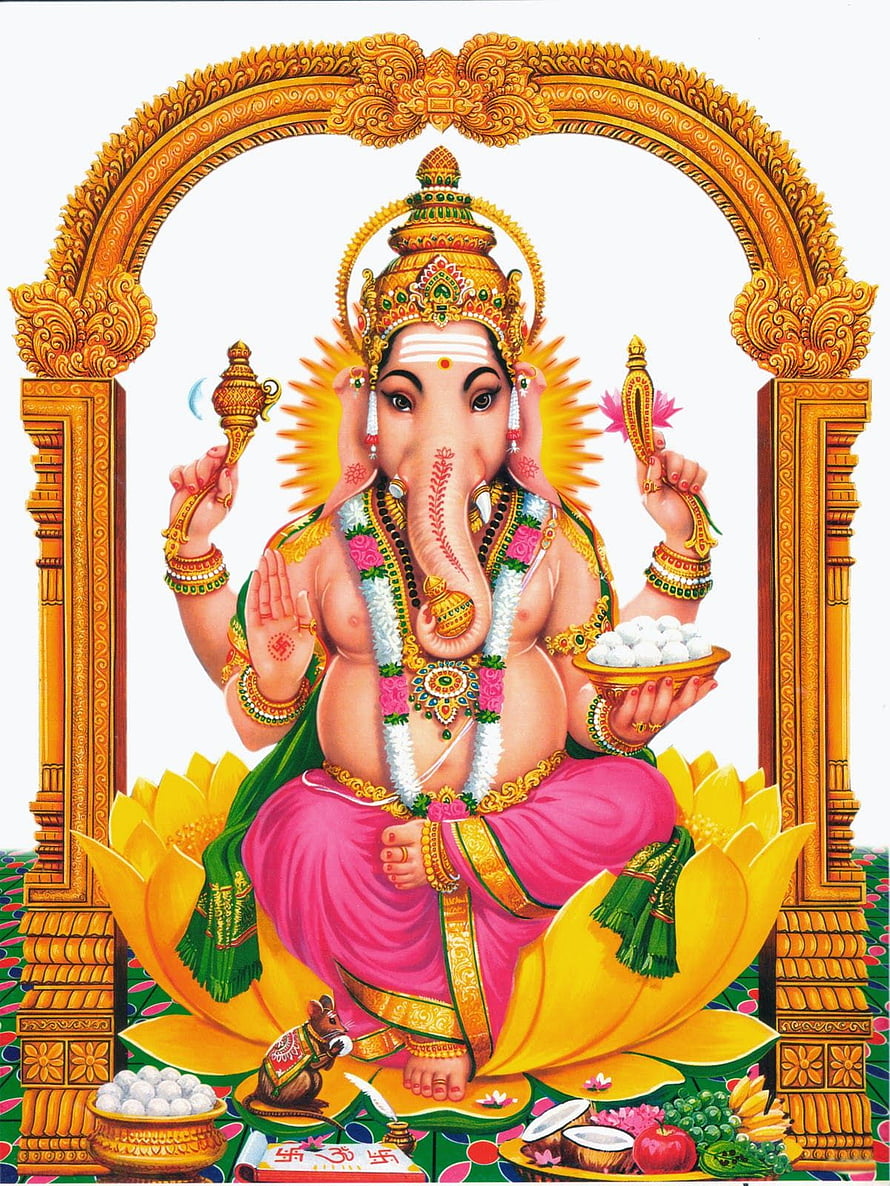 Lord Ganesha Seated on Lotus with Offerings and Ornate Golden Arch HD phone wallpaper