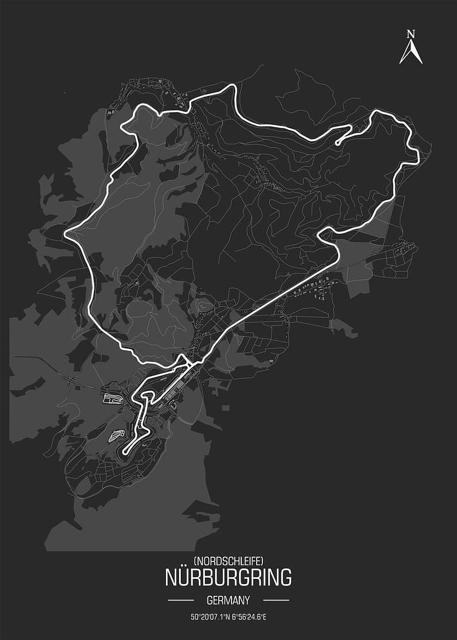 Nürburgring Nordschleife Circuit Map Poster in Minimalist Monochrome Style HD phone wallpaper