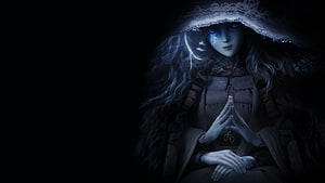 Mysterious hooded woman with glowing blue eyes and moonlight aura in dark fantasy style, Elden Ring - The Storyteller HD wallpaper