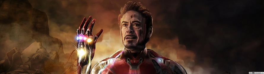 Iron Man Tony Stark Raising Infinity Gauntlet in Endgame Battle Scene, Iron Man Tony Stark Endgame, 5120X1440 Game HD wallpaper
