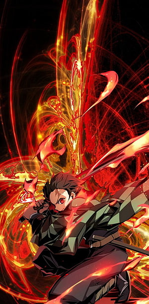 Tanjiro Kamado Using Hinokami Kagura Flame Breathing Sword Technique HD phone wallpaper