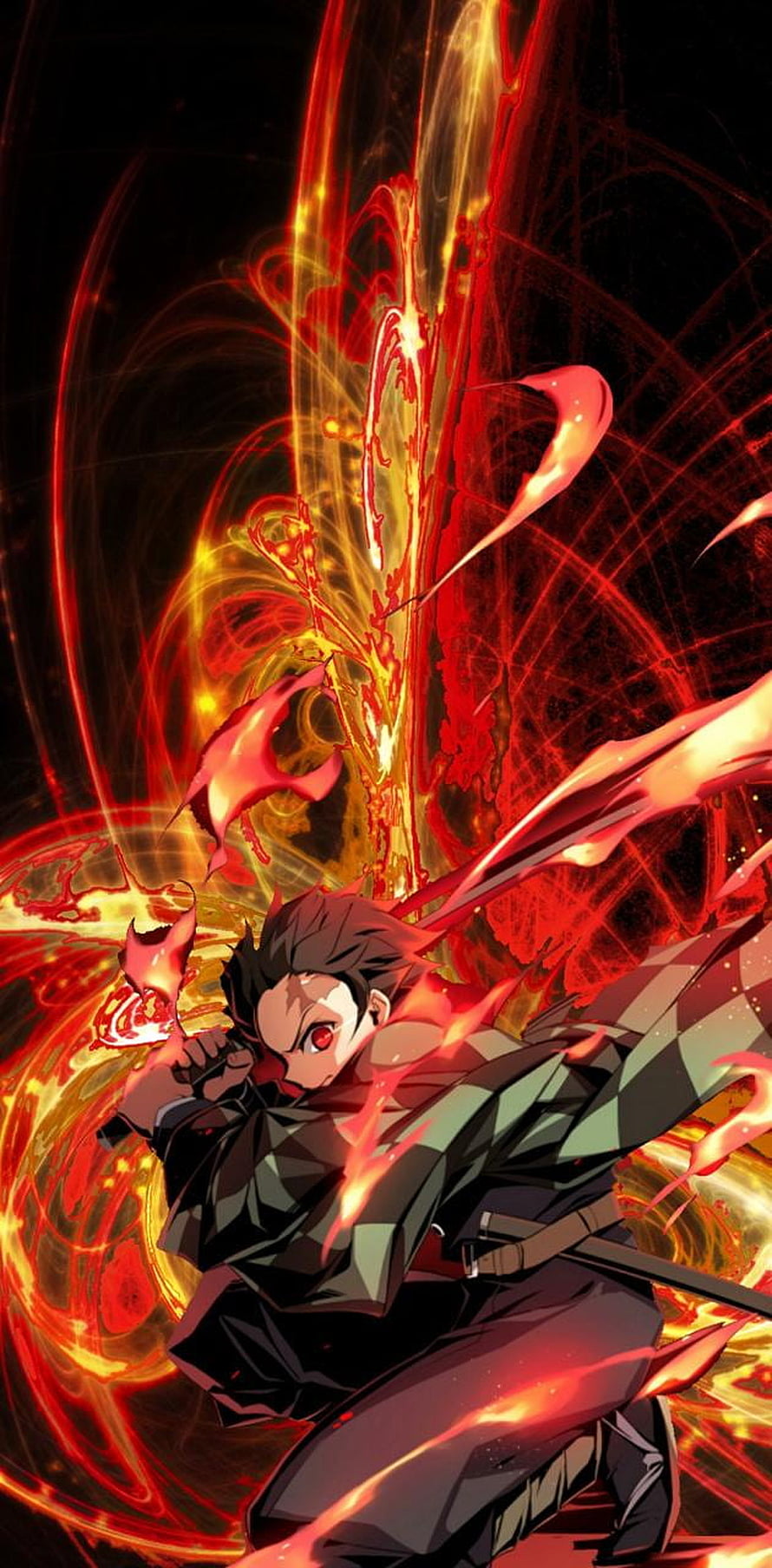 Tanjiro Kamado Using Hinokami Kagura Flame Breathing Sword Technique HD phone wallpaper