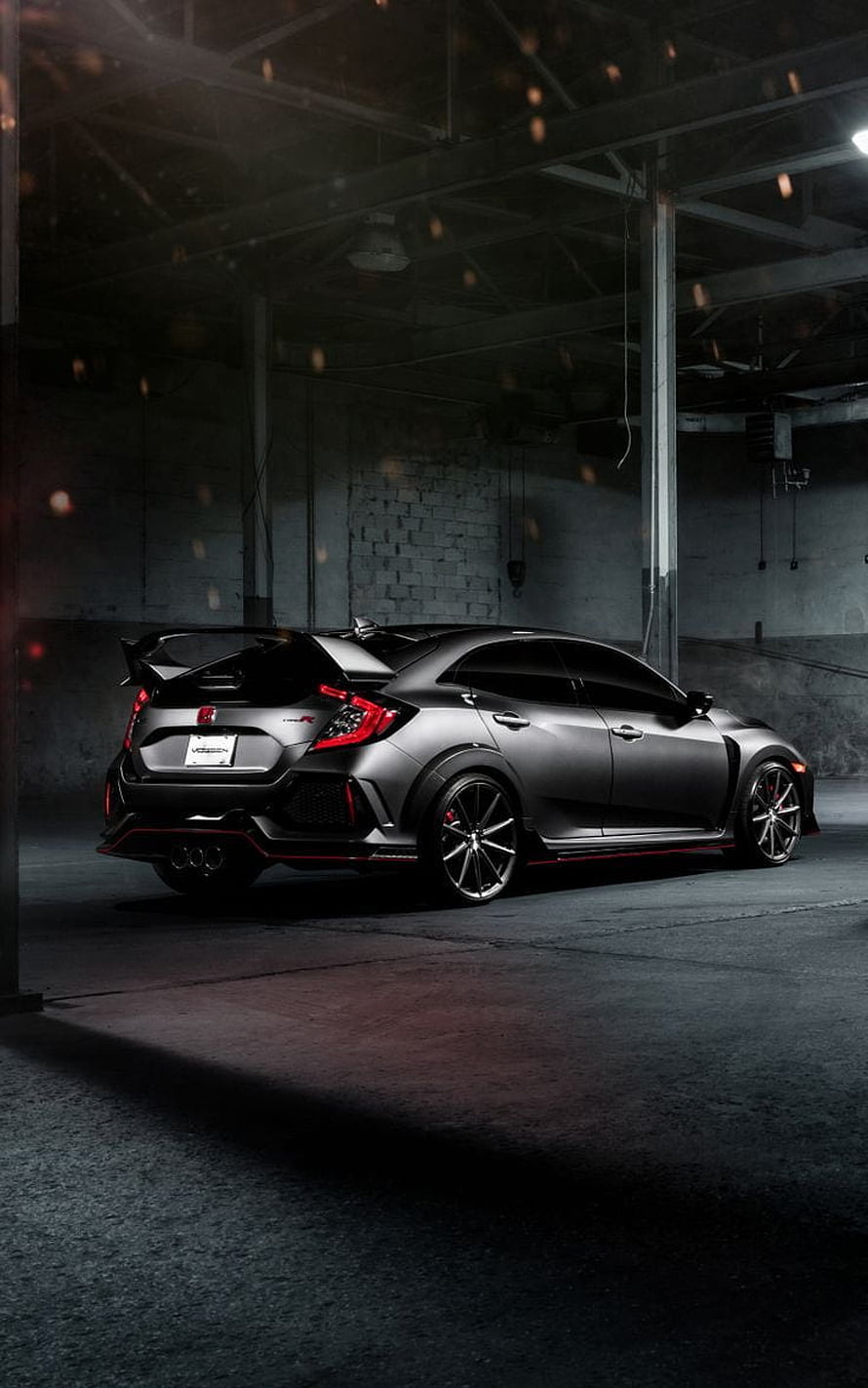 Matte Black Honda Civic Type R with Red Accents in Dark Industrial Warehouse HD phone wallpaper