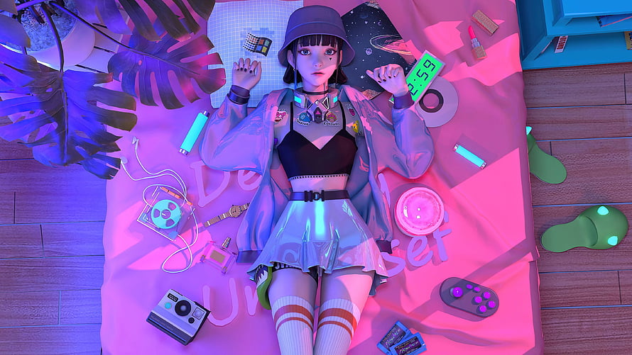 Jyanme Miss PUBG 3D Character in Neon Cyberpunk Bedroom Setting HD wallpaper
