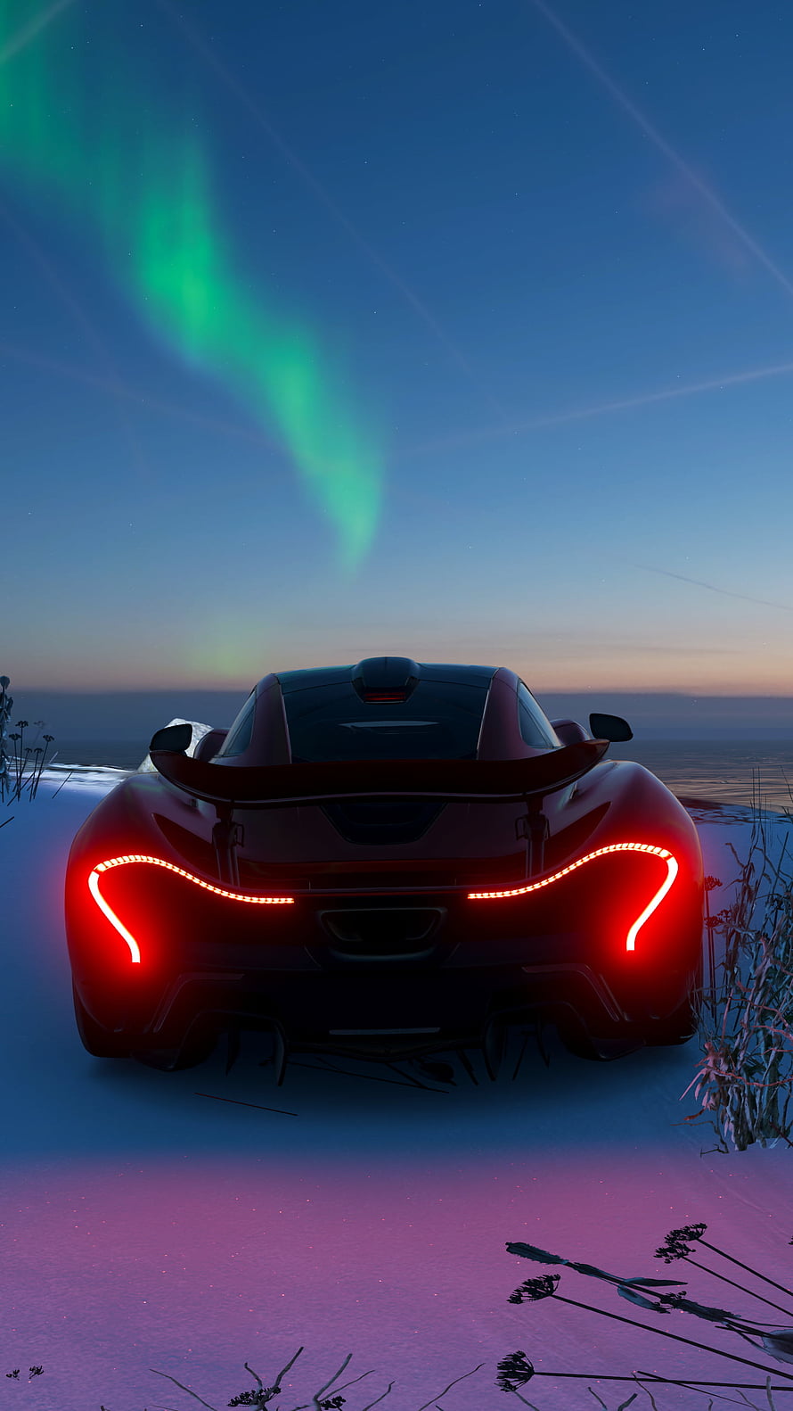 McLaren P1 Rear View Under Aurora Borealis Night Sky HD phone wallpaper