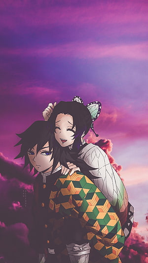 Tanjiro and Shinobu Kocho Embrace Under Purple Sky Demon Slayer Anime Wallpaper HD phone wallpaper