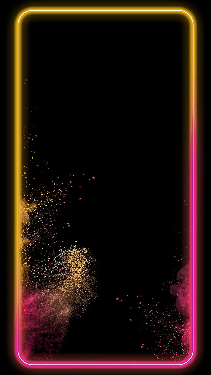 Abstract Neon Frame with Glowing Gold and Pink Particle Dust on Black Background HD phone wallpaper