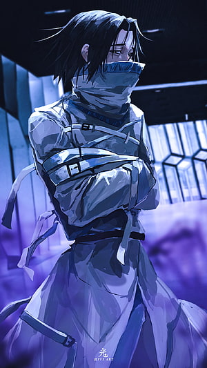 Feitan from Hunter x Hunter in a moody blue-toned anime illustration with bandaged face and crossed arms HD phone wallpaper