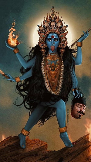 Blue Skinned Hindu Goddess Kali With Skull Crown And Fire HD phone wallpaper
