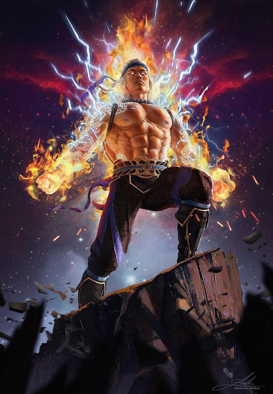Liu Kang from Mortal Kombat 11 channeling fire and lightning in a cosmic battle stance HD phone wallpaper