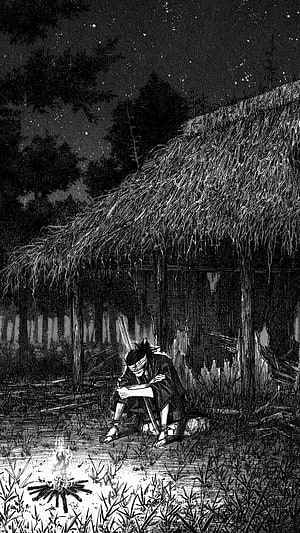 Black and White Manga Illustration of a Samurai Resting by a Campfire at Night, Vagabond, alone, art, Anime, Miyamoto-Musashi, Musashi, manga, Inoue-takehiko, Takezo, lonely HD phone wallpaper