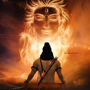 Lord Rama Meditating Before a Radiant Divine Vision in a Golden Ethereal Landscape HD phone wallpaper