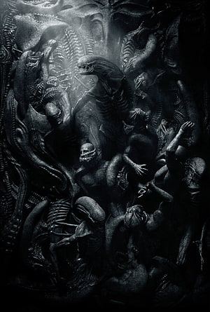 Monochromatic Alien Covenant Horror Artwork Featuring Xenomorph Swarm and H.R. Giger Style HD phone wallpaper