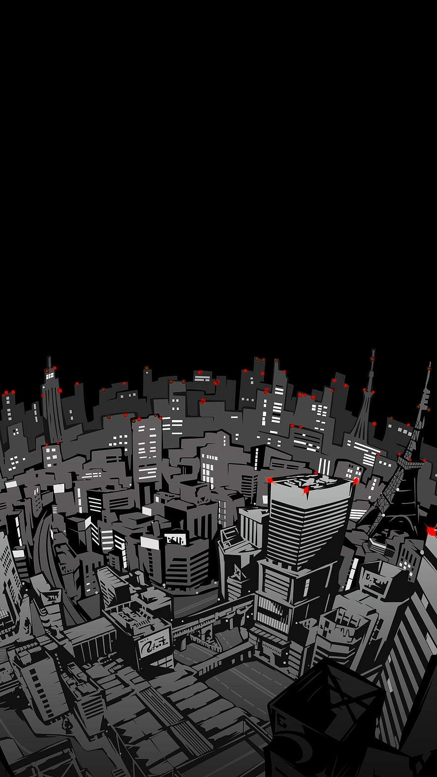 Persona 5 Monochrome Cityscape with Red Accents and Dark Sky HD phone wallpaper