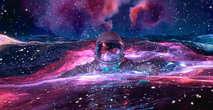 Astronaut Floating in a Glowing Cosmic Ocean with Nebula Sky HD wallpaper