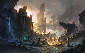 Epic Fantasy Ruins and Ancient Stone Statues in a Dramatic Mountain Landscape HD wallpaper
