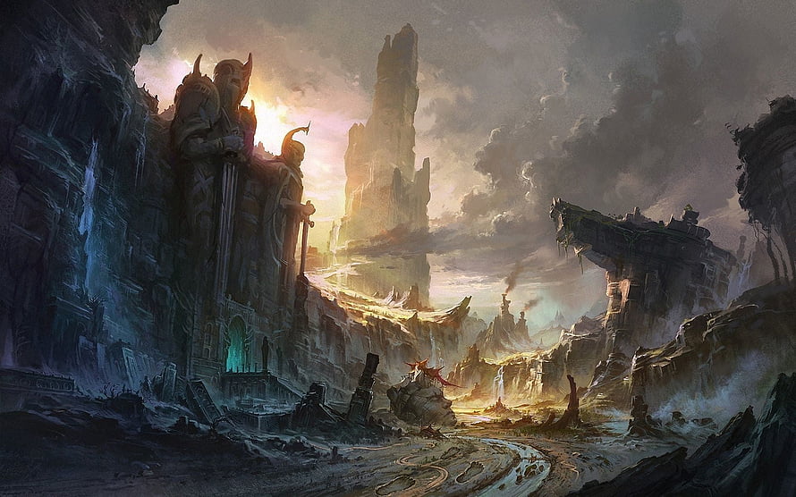 Epic Fantasy Ruins and Ancient Stone Statues in a Dramatic Mountain Landscape HD wallpaper