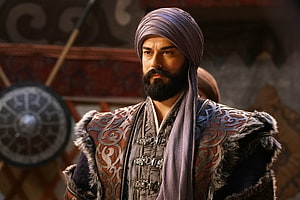 Murat Boz as Sultan Bayezid in Diriliş Ertuğrul wearing traditional Ottoman turban and armor, Kurulus Osman, Ertugrul HD wallpaper