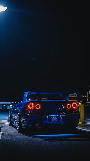 Blue Nissan Skyline GT-R R34 Night Photography HD phone wallpaper