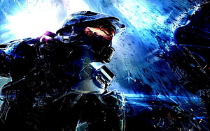 Master Chief in Mjolnir Armor Against a Blue Space Battle Background HD wallpaper
