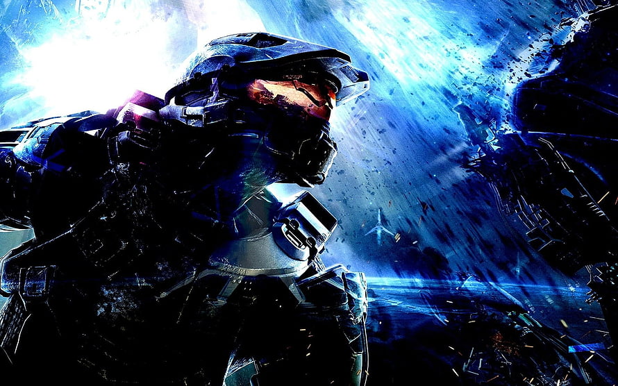 Master Chief in Mjolnir Armor Against a Blue Space Battle Background HD wallpaper