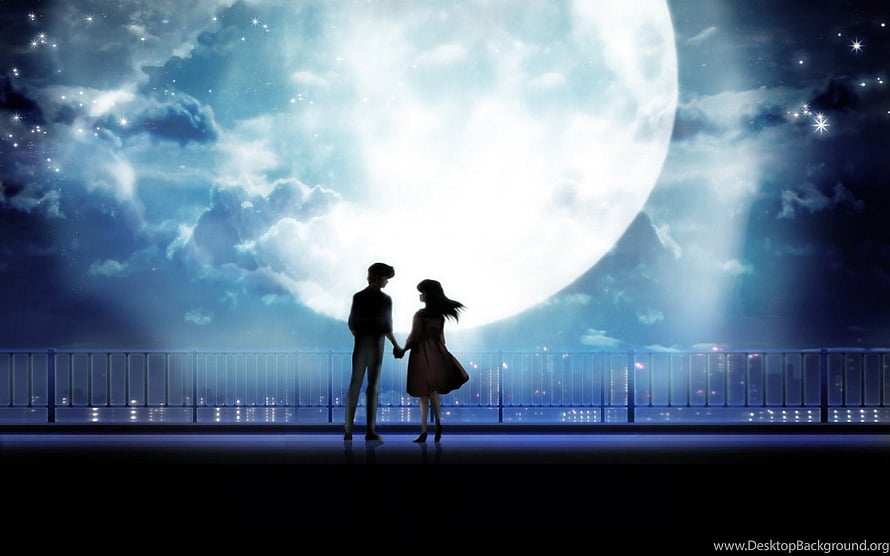 Romantic Anime Couple Silhouetted Against a Giant Full Moon Over a City Skyline HD wallpaper