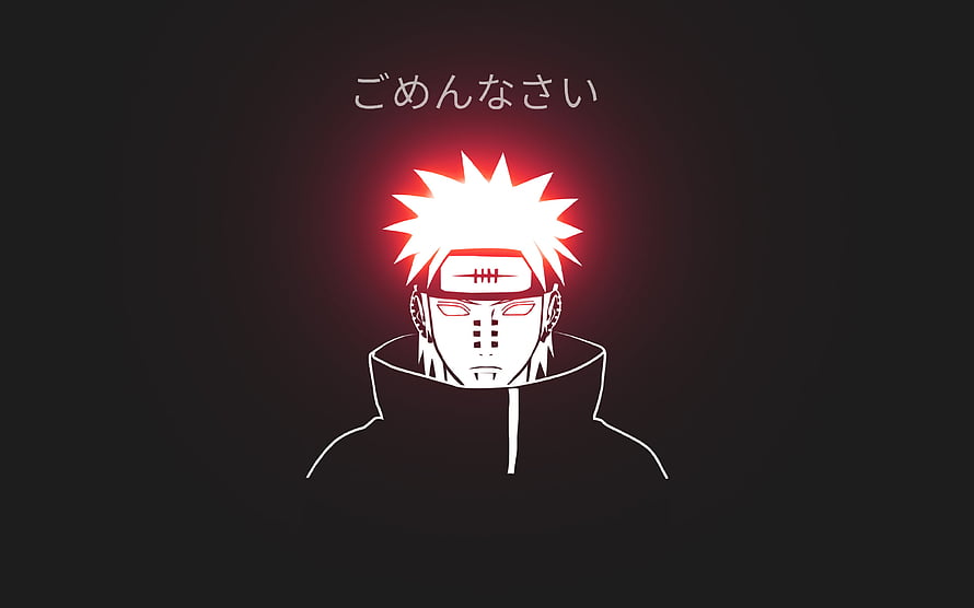 Pain from Naruto in Minimalist White Line Art with Red Glow on Dark Background HD wallpaper