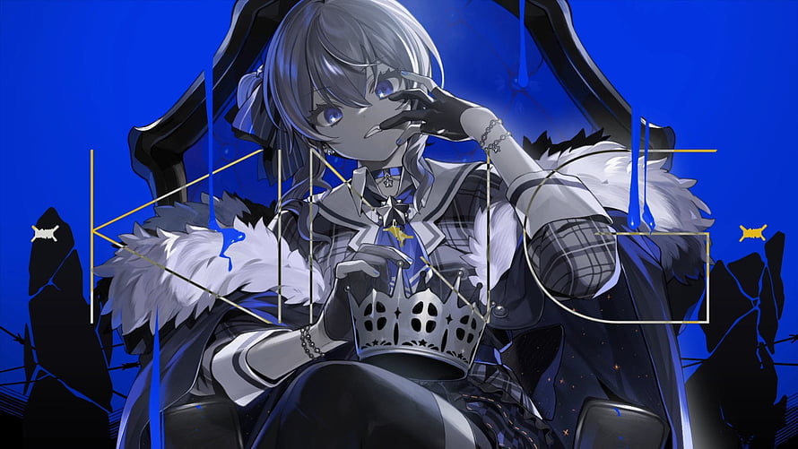 Hoshimachi Suisei anime illustration holding a silver crown with blue geometric overlays and fur collar HD wallpaper