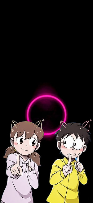 Doraemon and Nobita Anime Characters with Cat Ears and Pink Neon Ring HD phone wallpaper