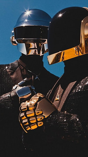Daft Punk Chrome and Gold Robot Helmets Portrait HD phone wallpaper
